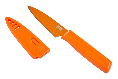 Kuhn Rikon COLORI Non-Stick Straight Paring Knife with Safety Sheath, 4 inch/10.16 cm Blade, Tangerine...