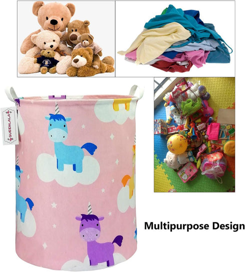 QUEENLALA Large Storage Basket,Laundry Hamper/Bathroom/Home Decor/Collapsible Round Storage Bin,Boys and Girls Hamper/Boxes/Clothing(Pink Unicorn)...
