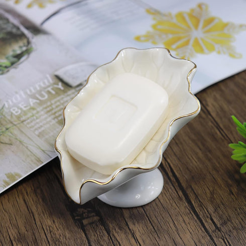 Soap Dish Ceramic White Lotus Leaf Shape Soap Holder Self Draining Soap Dish Waterfall Slot Sponge Holder Bathroom Accessories for Bathroom, Kitch...