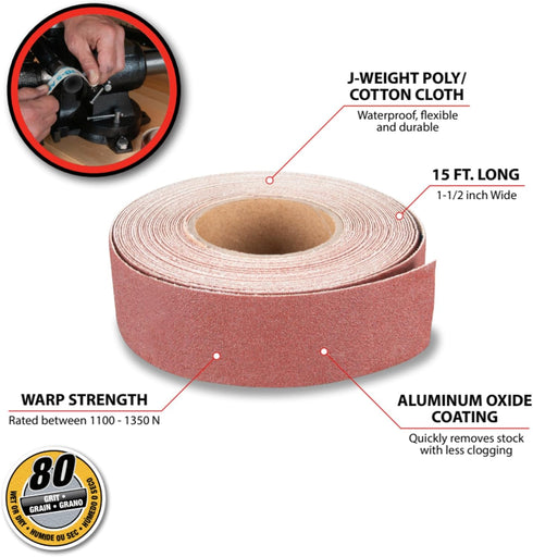 Performance Tool W3051 80-Grit Emery Cloth Roll - 15ft x 1.5in, Perfect for Woodworking, Metalworking, and DIY Projects...