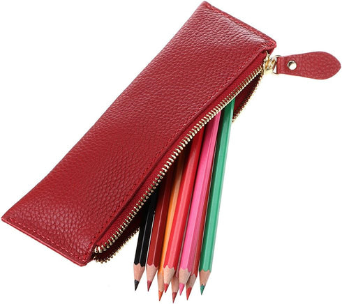 BTSKY Genuine Leather Pencil Case - Zippered Pen Case Stationery Bag Zipper Pouch Pencil Holder (Red)...