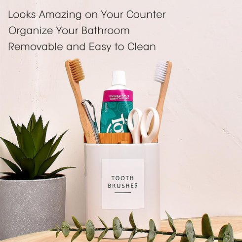 Ceramic Toothbrush and Toothpaste Holder with Bamboo Divider for Bathroom Countertop, White Toothbrush Organizer Stand for Bathroom Vanity Counter...
