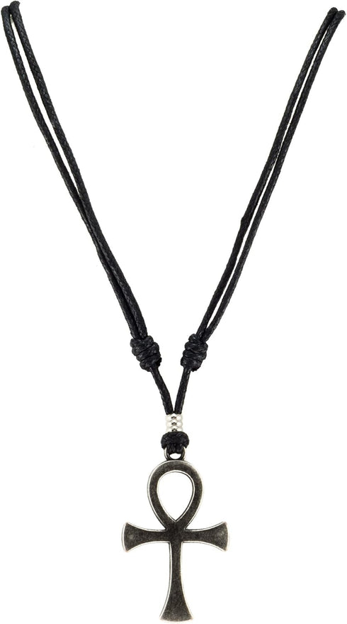 BlueRica Ankh Cross of Life on Adjustable Black Cord Necklace (Old Silver Finish)...