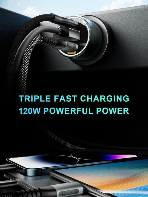 120W USB C Car Charger All-Metal PD3.0 100W/20W+18W 3 Ports Car Laptop Charger Compatible with MacBook,iPhone 15/14/13,Samsung Galaxy S23/22,Googl...