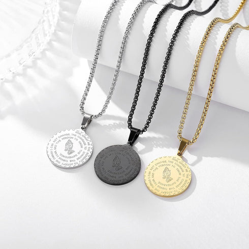 Serenity Prayer Necklace with Praying Hands Coin Pendant for Men Women Lords Prayer Bible Verse Courage Wisdom Stainless Steel 24 inches...