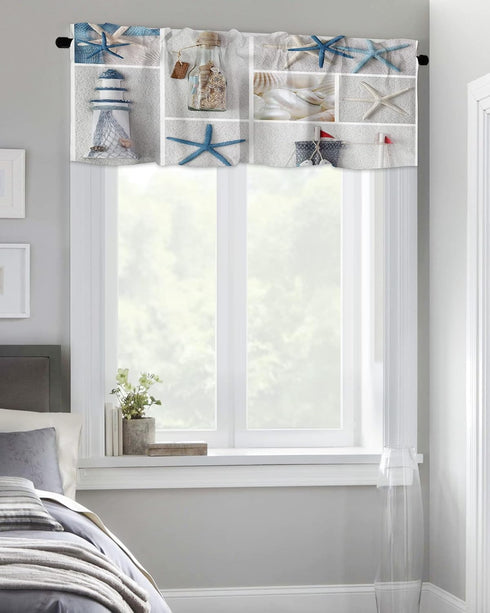 Summer Coastal Grid Valances Curtain for Kitchen Cafe, Ocean Starfish Lighthouse Window Valance Short Curtains 42"x 12" Rod Pocket Windows Treatme...