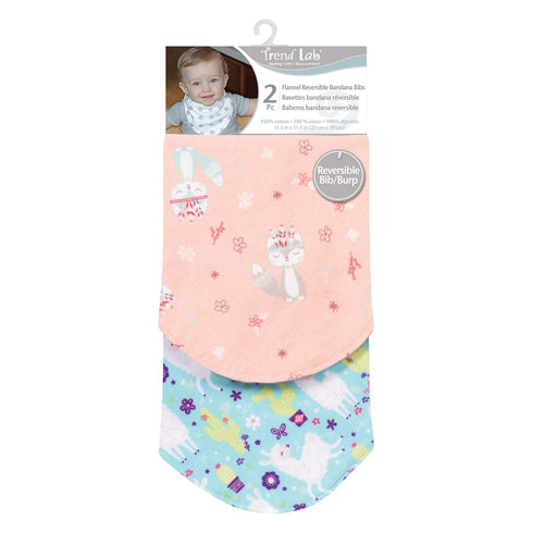 Southwest Llama 2 Pack Reversible Flannel Bandana Bib Set-Fox/Dot, Llama/Chevron Prints, Pinks, Mint, Gray, Turquoise, Lime, 100% Cotton Flannel, ...