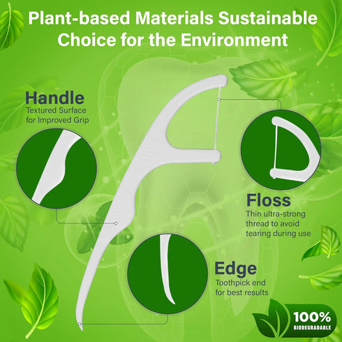 Premium Floss Picks (100 Count), Unflavored Biodegradable Individually Wrapped Dental Floss Picks, Ideal for Traveling | White | Vegan | BPA Free...