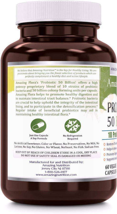 Amazing Flora Probiotic 50 Billion with 10 Best Probiotics Strains Including Acidophilus, plantarum, rhamnosus etc * Supports Digestive & Immune H...