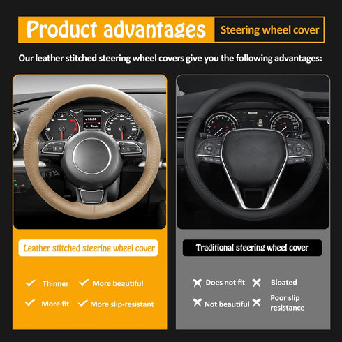 XCBYT Car Steering Wheel Cover - Stitch Steering Wheel Wrap Thin PU Leather Steering Wheel Cover Sewn on 14.5-15" Wrap for Man Women...