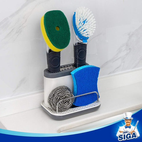 MR.SIGA Sink Caddy, Kitchen Sink Organizer Sponge Brush Holder with Drip Tray, White & Gray...