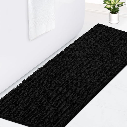 Upgrade Luxury Black Bathroom Rug Mat 17"x47.5", Ultra Soft Thick Absorbent Bath Mats, Non Slip Chenille Toilet Mat for Bathroom, Bedroom, Kitchen...