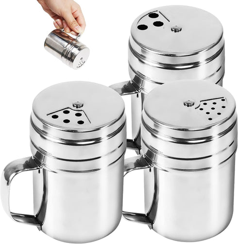 3Pcs Seasoning Bottle with Handle Stainless Steel Dredge Shaker Rub Spice with Holes Powdered Sugar Shaker with Lid Shaker Cooking Rotatable Cover...