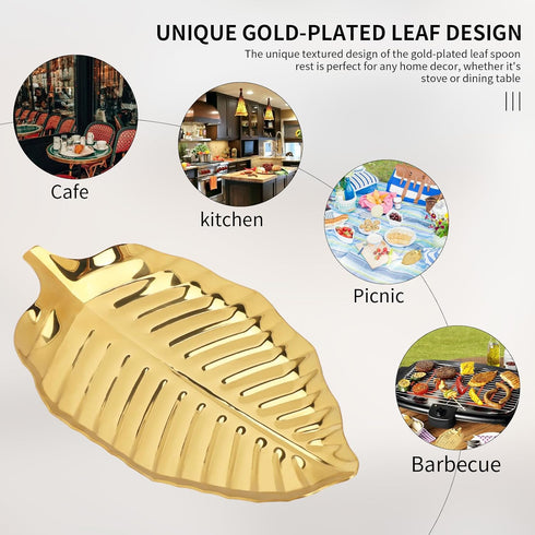 Gold Spoon Rest for Kitchen Counter, 6.7inch Gold Leaf Spoon Rest for Stove Top, Stainless Steel Kitchen Spoon Rack, Coffee Spoon Rest Utensil Res...