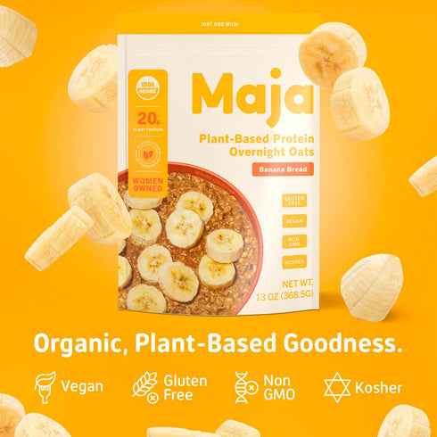Maja Organic Plant-Based Protein Oats – Banana Bread Overnight Oats, 5 Servings (68g) Vegan, Gluten Free Oats, Delicious Instant Oatmeal, Quick & ...
