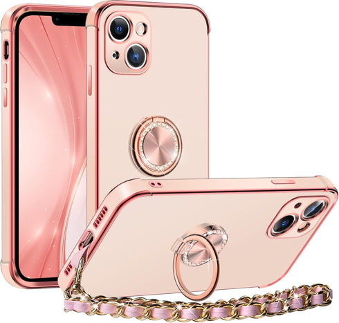 Miss Arts for iPhone 13 Case, Ring Holder Stand Luxury Bling Electroplated Phone Case with Strap, Cute Soft TPU for iPhone 13 Cover for Women Girl...