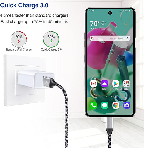 QC 3.0 Fast Wall Charger Cube Car Charger Charger Cable Cord 6FT Fast Charging for Samsung Galaxy A25/A15/A14/A13/A53/A05S/A03S/A23/A33/A54/A53/S2...
