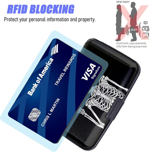 Credit Card Holder, Mini RFID Blocking Aluminum Wallet Slim Metal Hard Case Travel Wallet ID Case for Women and Men, 4.3 x 2.9 Inches, Skull...