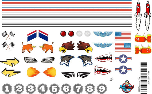Pinewood Car Sticker Set - Made in USA - Peel & Stick - Stripes, Numbers, Flags, Lights, and More....