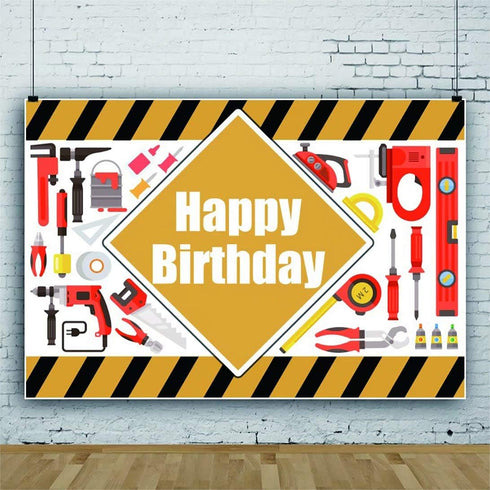 Construction Tools Theme Happy Birthday Backdrop for Boy 7x5ft Vinyl Tool Encyclopedia Engineering Genius Yellow and Black Stripes Background Kids...