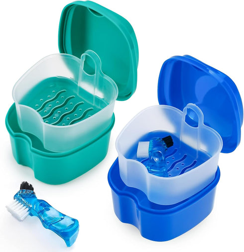 2 Pack Color Retainer Cleaner Case Denture Cups for Soaking Dentures, False Teeth Container Partial Denture Cleaning Case with Lid Travel - Lake G...
