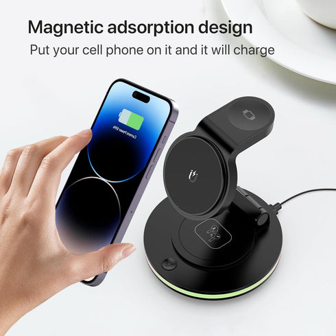 Wireless Charger, 4 in 1 15W Fast Charging Station Magnetic Adsorption,Colorful Light, Qi Foldable Rotatable charger Stand for iPhone 15/14/13/12 ...