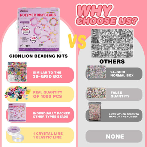 Gionlion 1000PCS Polymer Clay Beads Bracelet Making kit, 24 Style Cute Fun Fruit Flower Rainbow Animal Heart Star Beads Charms for Jewelry Necklac...