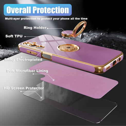 ?for Galaxy A14 5G Phone Case,+Screen Protector,with Magnetic Kickstand,Built-in 360° Rotation Ring Holder,Plating Gold Edge Slim Soft TPU Shockpr...