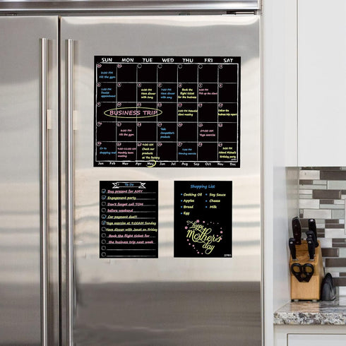 Magnetic Chalkboard Monthly Calendar with neon Bright Liquid Chalk Markers – Black Refrigerator Monthly Planning Board w/Bonus - Grocery List and ...