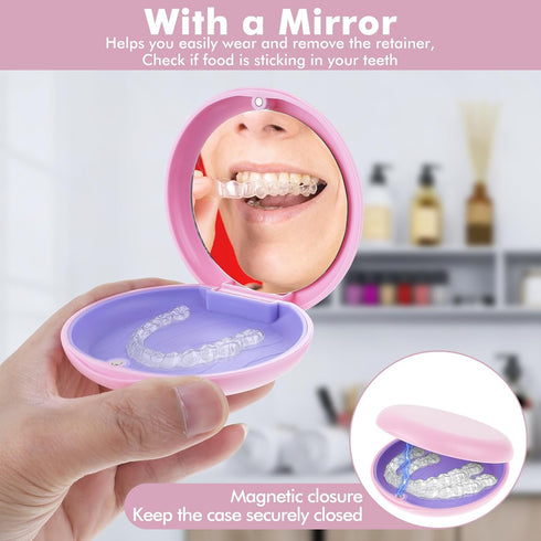Retainer Case with Mirror Portable Slim Aligner Box Travel Mouth Guards Holder Cute Retainer Organizer for Dental Caring Tooth Brace Storage Acces...