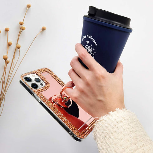 LUVI Mirror Case for iPhone 12/iPhone 12 Pro 6.1 inch Bling Diamond Glitter Case with Bear Ring Holder Kickstand Stand Rhinestone Crystal Cute for...