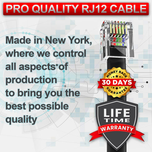 AmzDeals 4-Pack 4 inch Black RJ12 6P6C Male to Male Straight Wired Cable, Pro Grade Data and Voice Phone Line Cord - Made in USA...