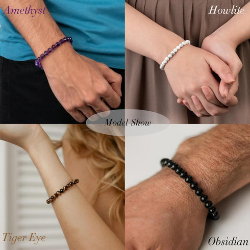 16PCS Natural Crystal Bracelets for Women Men - 8mm Semi-Precious Gemstone Beaded Bracelets, Round Gemstones Stretch Bracelet, Yoga Bracelets Jewe...