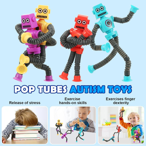 4 Pack Telescopic Robot Suction Cup Toy, Stress Relief Sensory Toys, Pop Tubes ADHD Autism for Kids Gifts, Top Toddler Travel Toys Classroom Prize...