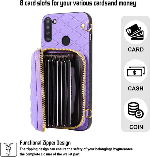 Furiet Compatible with Samsung Galaxy A21 Zipper Wallet Case with Crossbody Shoulder Strap, 8 Card Slots and TPU Leather Stand Full Body Accessori...