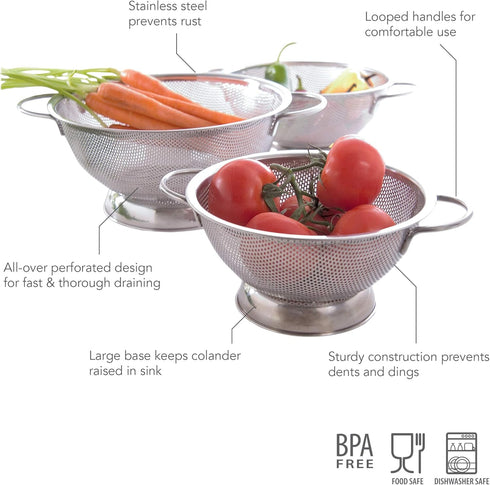 Tovolo Stainless Steel Colander With Looped Handles & Rimmed Footer, Rust-Resistant Pasta Strainer & Veggie Wash, Food Prep Strainer Basket, 2 Qua...