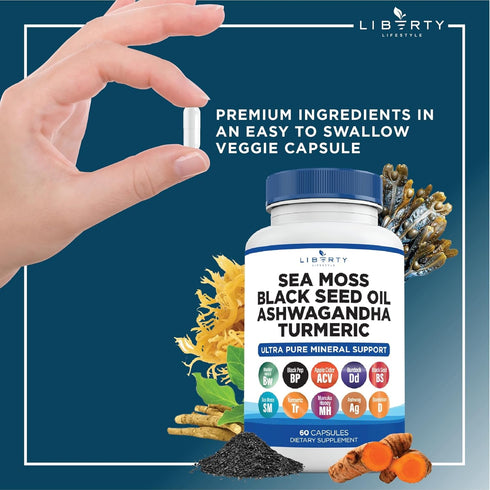 Sea Moss 3000mg Black Seed Oil 2000mg Ashwagandha1000mg Burdock 1000mg Root Mineral Support (120)...