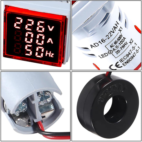3 in 1 60-500V 0-100A AC Digital Ammeter Voltmeter, 22mm Square Digital Tube Screen with Transformer, LED Display Voltage Detector Current Tester ...