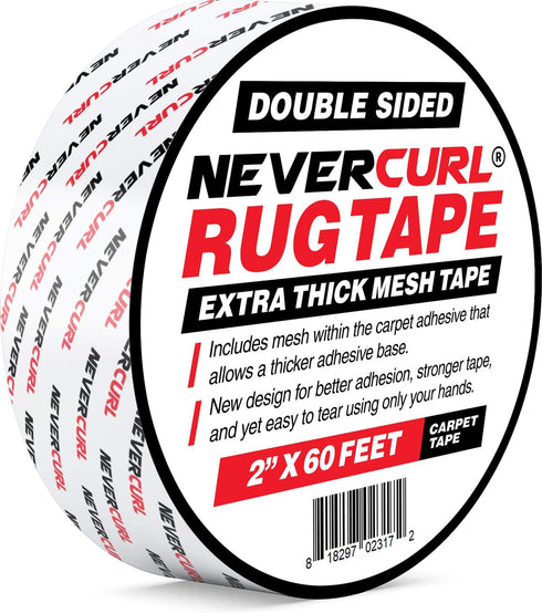 iPrimio NeverCurl Double Sided Carpet Tape Extra Thick - Rug Tape with Mesh Fabric - 2" by 60 Feet Roll - Anti Slip Non Skid Gripper Tape for Rugs...