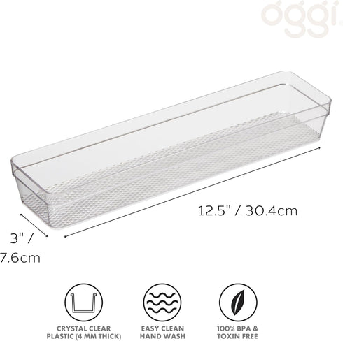 Oggi Clear Drawer Organizer - 3" X 12.5" - Ideal for Organizing Kitchen Drawers, Office, Desk, Silverware, Kitchen Utensils, Cosmetics and Bathroo...