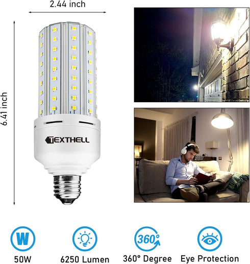 Led Light Bulb 400W Equivalent 6250 Lumen 5000K E26/E27 Medium Base 50W led Bulb for Outdoor Indoor Lamp Area Garage Warehouse Workshop Street Bac...
