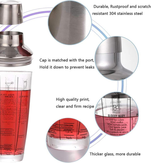 Cocktail Shaker, 12oz Glass Martini Shaker, Recipes Measured Mixing Stainless Steel Top Cobbler Shaker...