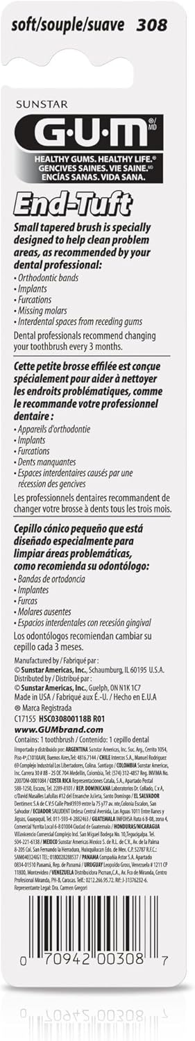 GUM End Tuft Toothbrush - Extra Small Head for Hard-to-Reach Areas - Implants, Back Teeth, and Wisdom Teeth - Soft Dental Brush for Adults, 1 Coun...