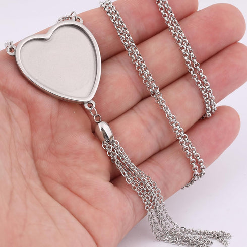 5pcs Tassel Chain Necklace Base Blanks Stainless Steel 25mm Heart Cabochon Pendant Bezel Setting Trays DIY Jewelry Making Supplies...