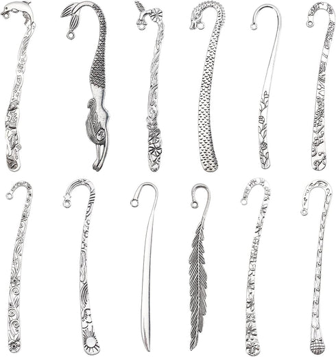SUNNYCLUE 12Pcs 12 Styles Hook Bookmarks Findings Metal Bookmark Hairpin Stripe Hook Vintage Bookmark Clip for Crafting Jewelry Making Charms Chri...