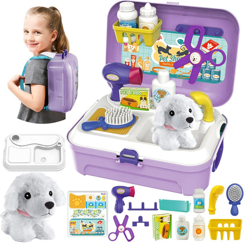 HERSITY Pet Care Vet Kit Kid, Puppy Pretend Play Toy Girl, Toy Dog Bath Grooming Set, Gift 3 4 5 6 Year Old Toddlers Childrens Veterinarian Playse...