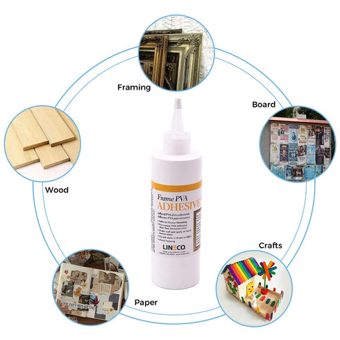 LINECO PVA Adhesive, Picture Frame Glue, Adhere Wood or MDF Frames, Dries Clear Flexible, 8 oz, Ideal for Wood Paper Board Framing Collage Crafts ...