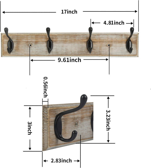 Coat Rack Wall Mounted, Entryway Wall Coat Rack with 4 Rustic Coat Hooks, 17” Vintage Pinewood Hanger Hat, Dual Hook for Hanging Keys Hats, Perfec...