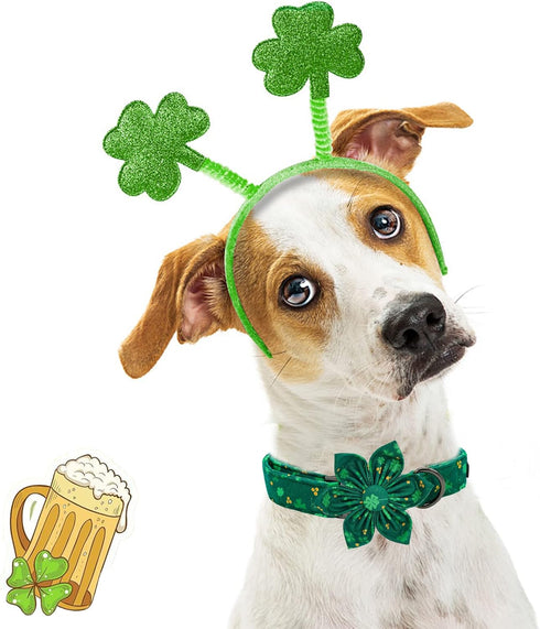 Elegant little tail St. Patrick's Day Dog Collar with Flower, Dog Collar Flowers Green Clover Girl Dog Collar Pet Gift Adjustable Dog Collar for L...