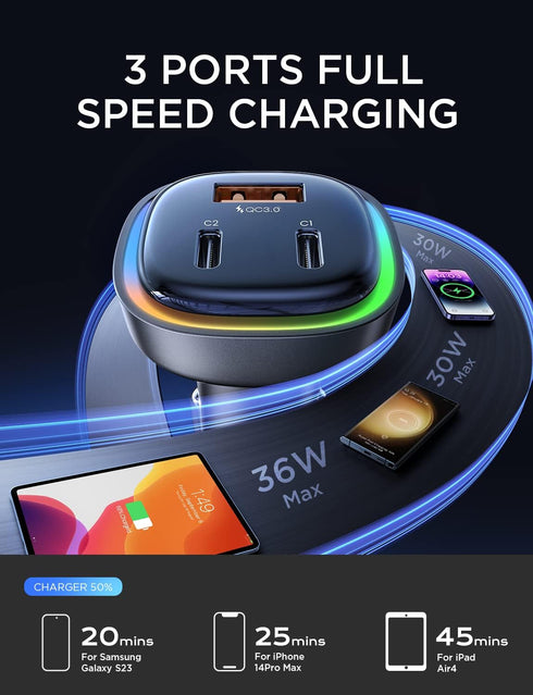 LISEN 66W C Type Car Charger, PD 36W+QC 30W Car Cigarette Lighter USB C Charger All Metal 3-Port Super Fast USB C Car Adapter Fit for iPhone 15 14...